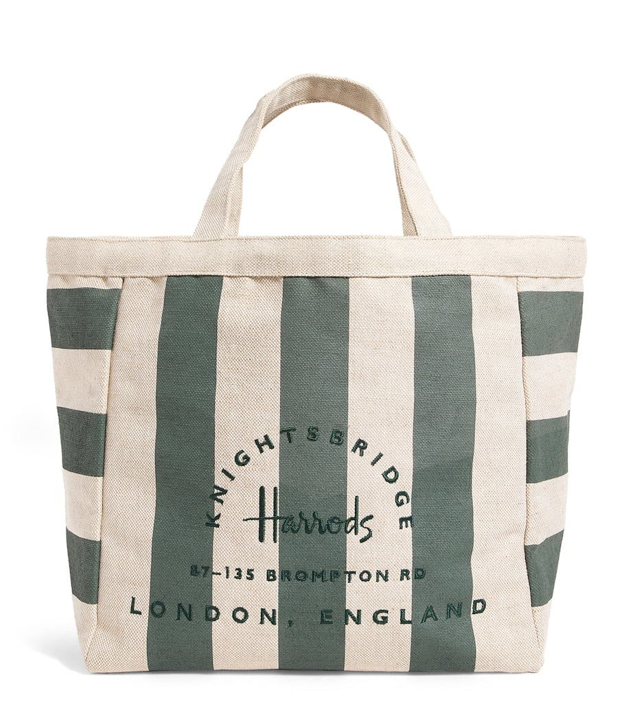 Harrods Green Striped Jute Bag حقيبة هارودز الخضراء المخططة من الجوت
