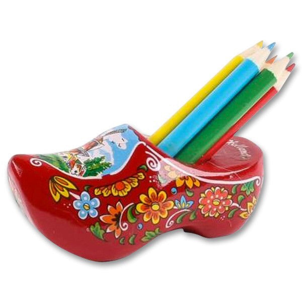 handmade clog with sharpener and pencils  حذاء خشب مع الوان